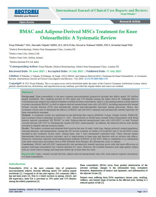 Bmac Adipose derived Mscs Treatment For Knee Osteoarthritis - Orthobiologix Clinic