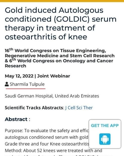 GOLDIC Serum Therapy in Treatment of Osteoarthritis of Knee July 22 - Orthobiologix Clinic